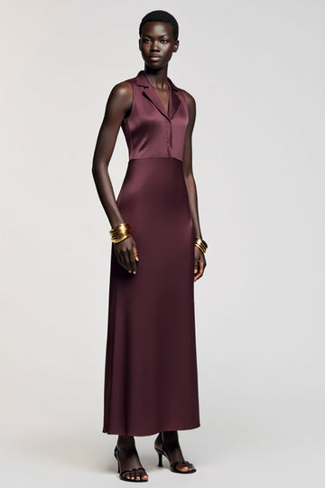 Dark Red Notched Lapel Satin Wedding Guest Dress